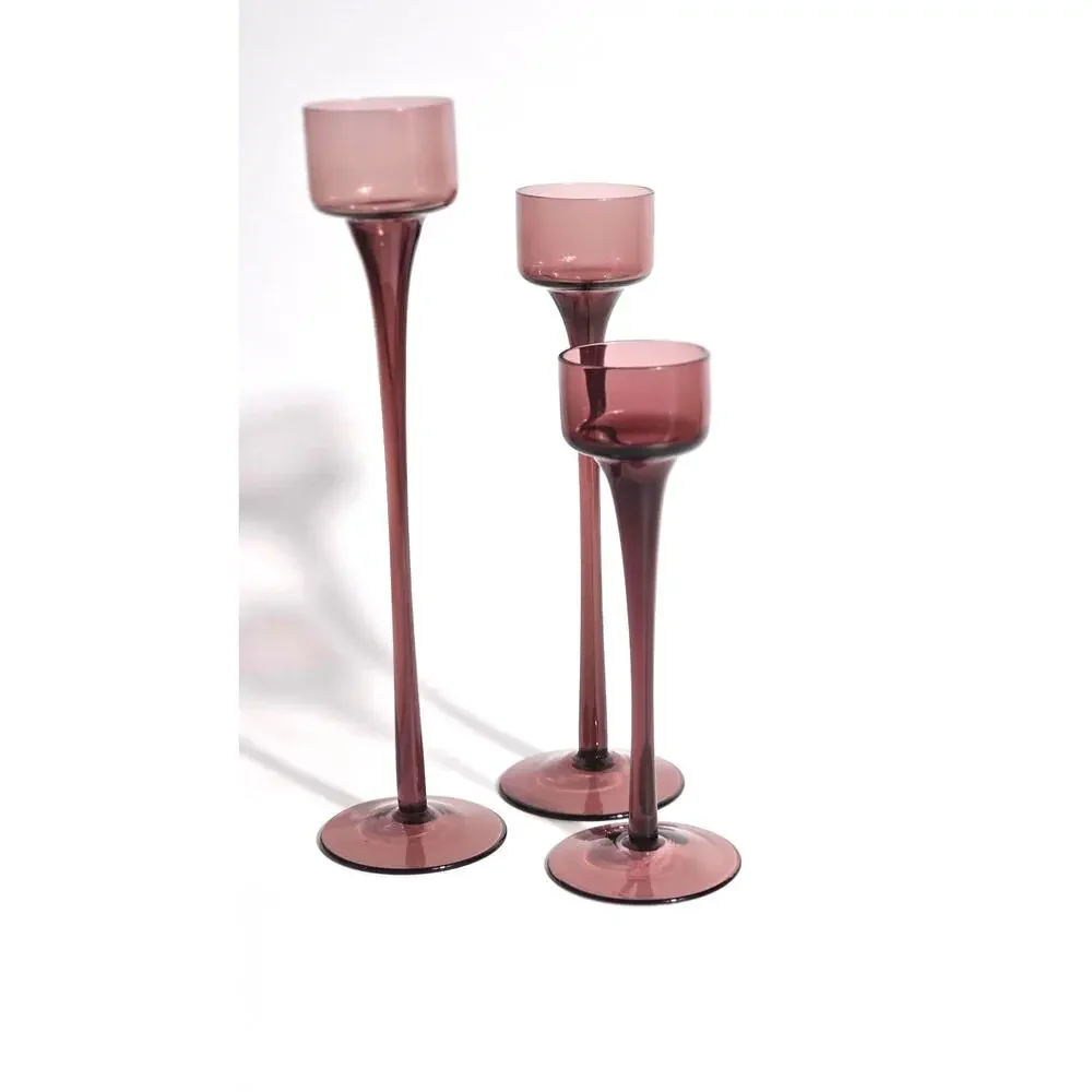 Vintage 70s Wedgewood Amethyst Glass Candle Holders 3 Purple Retro Glassware